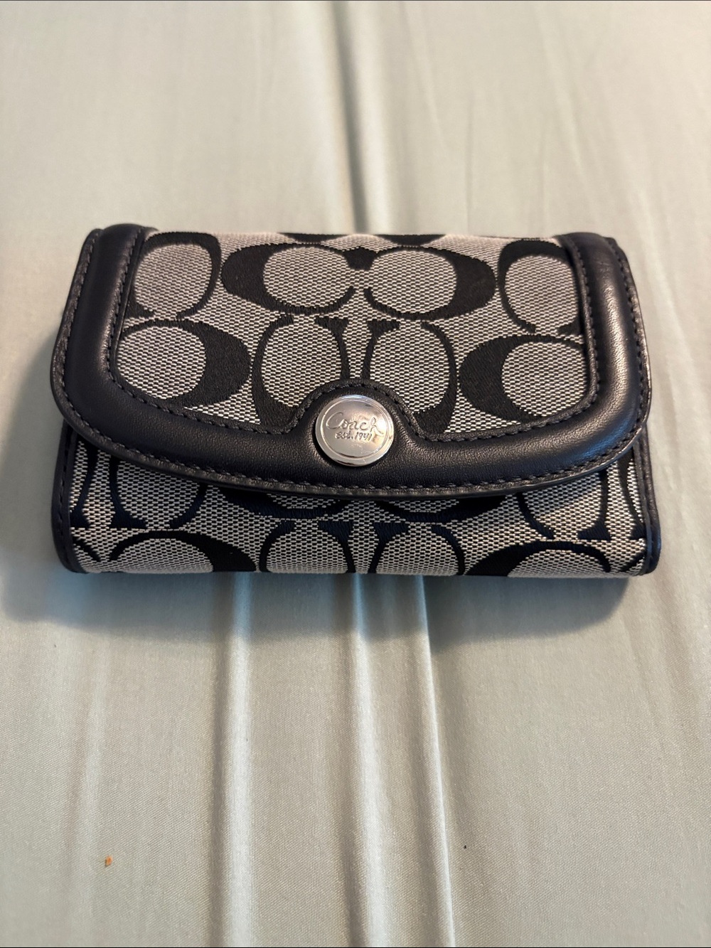 Coach Black and Gray Signature Compact Folded Wallet